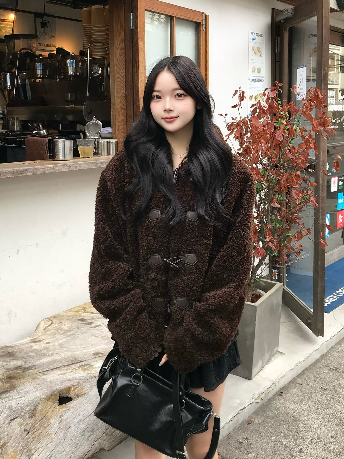 贵宾毛触感纽扣大衣