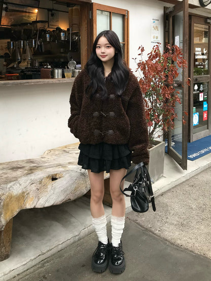 贵宾毛触感纽扣大衣