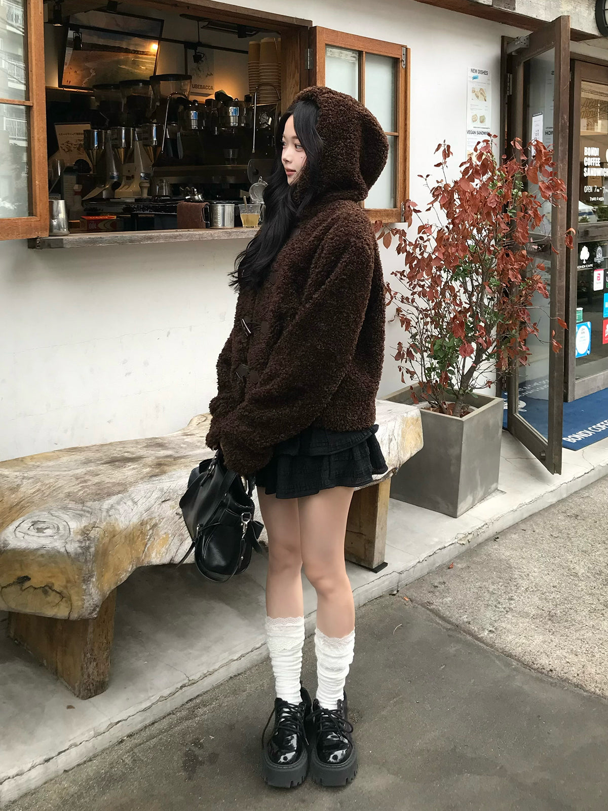 贵宾毛触感纽扣大衣