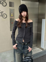 4/9★照片　柔软抓绒露肩打底衫 - 灰色