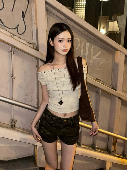 カモフラデザインデニムショートパンツ