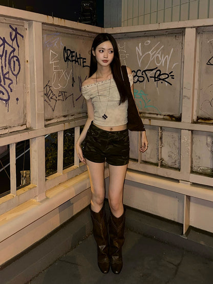 カモフラデザインデニムショートパンツ