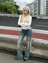 ウォッシングセミフレアデニムパンツ - ブルー