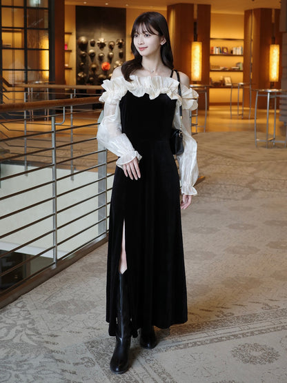 露肩荷叶边天鹅绒连衣裙