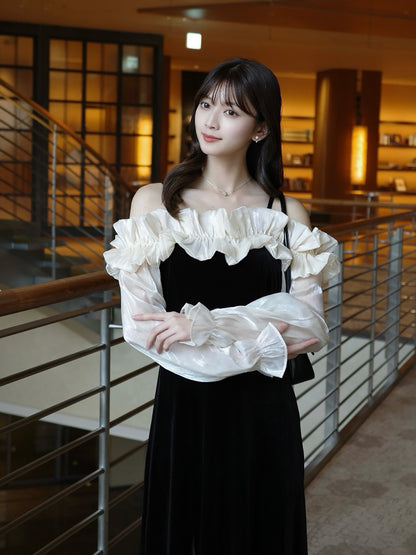 露肩荷叶边天鹅绒连衣裙