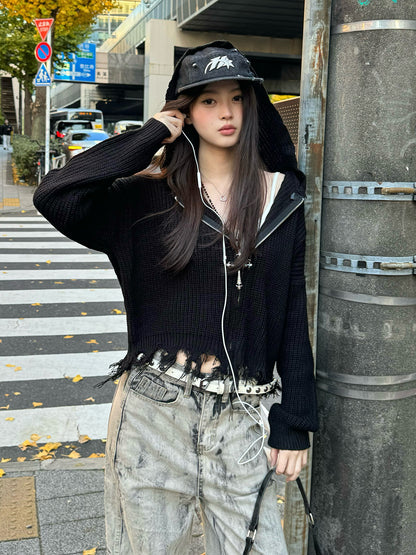 ダメージフリンジニットパーカー