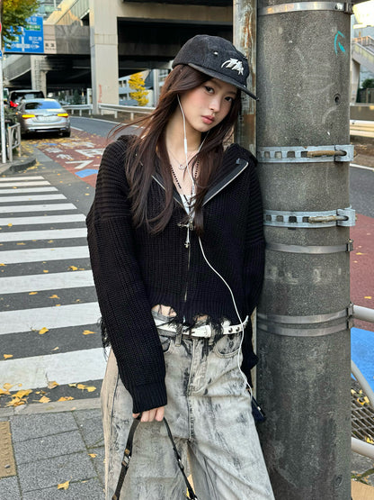 ダメージフリンジニットパーカー