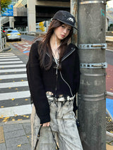 ダメージフリンジニットパーカー - ブラック