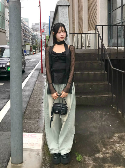 シアースリーブサテンリボンブラウス