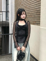 シアースリーブサテンリボンブラウス - ブラック