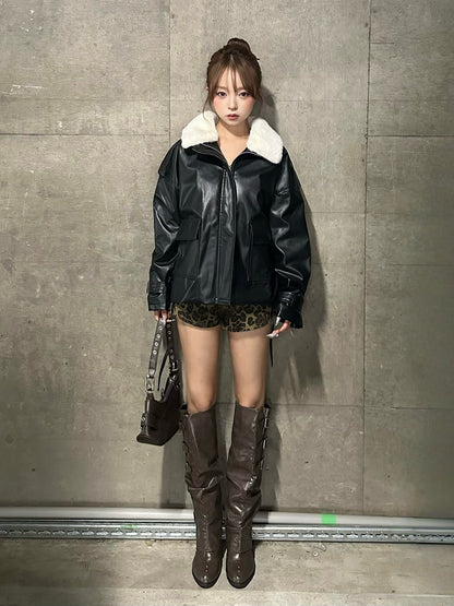 ファーライクカラーレザータッチジャケット