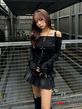 レースラインカットソー - ブラック