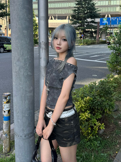 カモフラデザインデニムショートパンツ