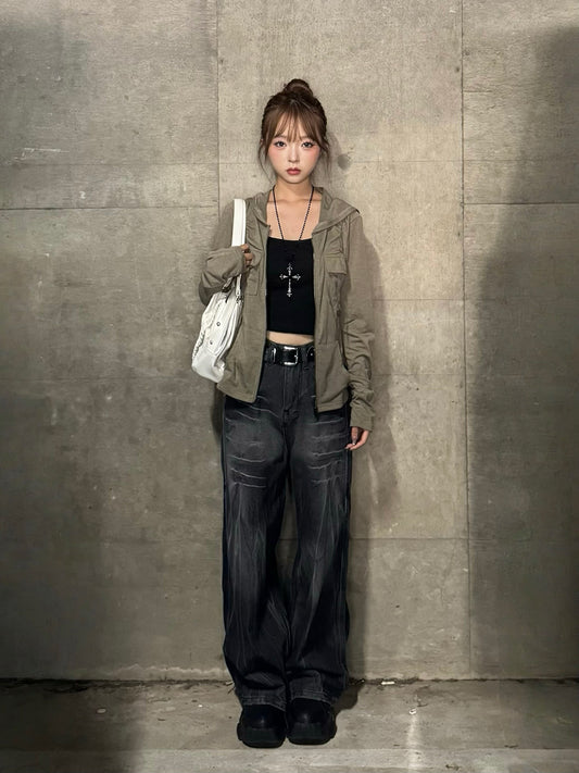 スクラッチワイドブラックデニムパンツ