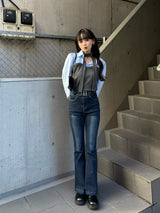 Buckle Belt Flared Denim Pants - blue