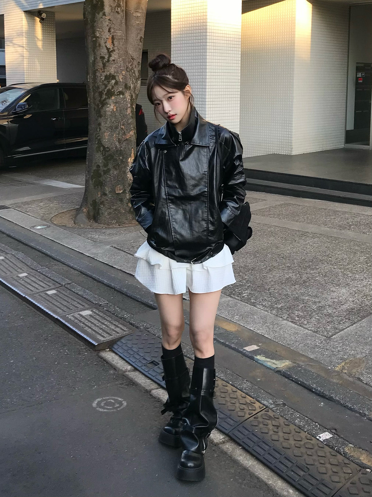 レイヤードカラーレザータッチジャケット