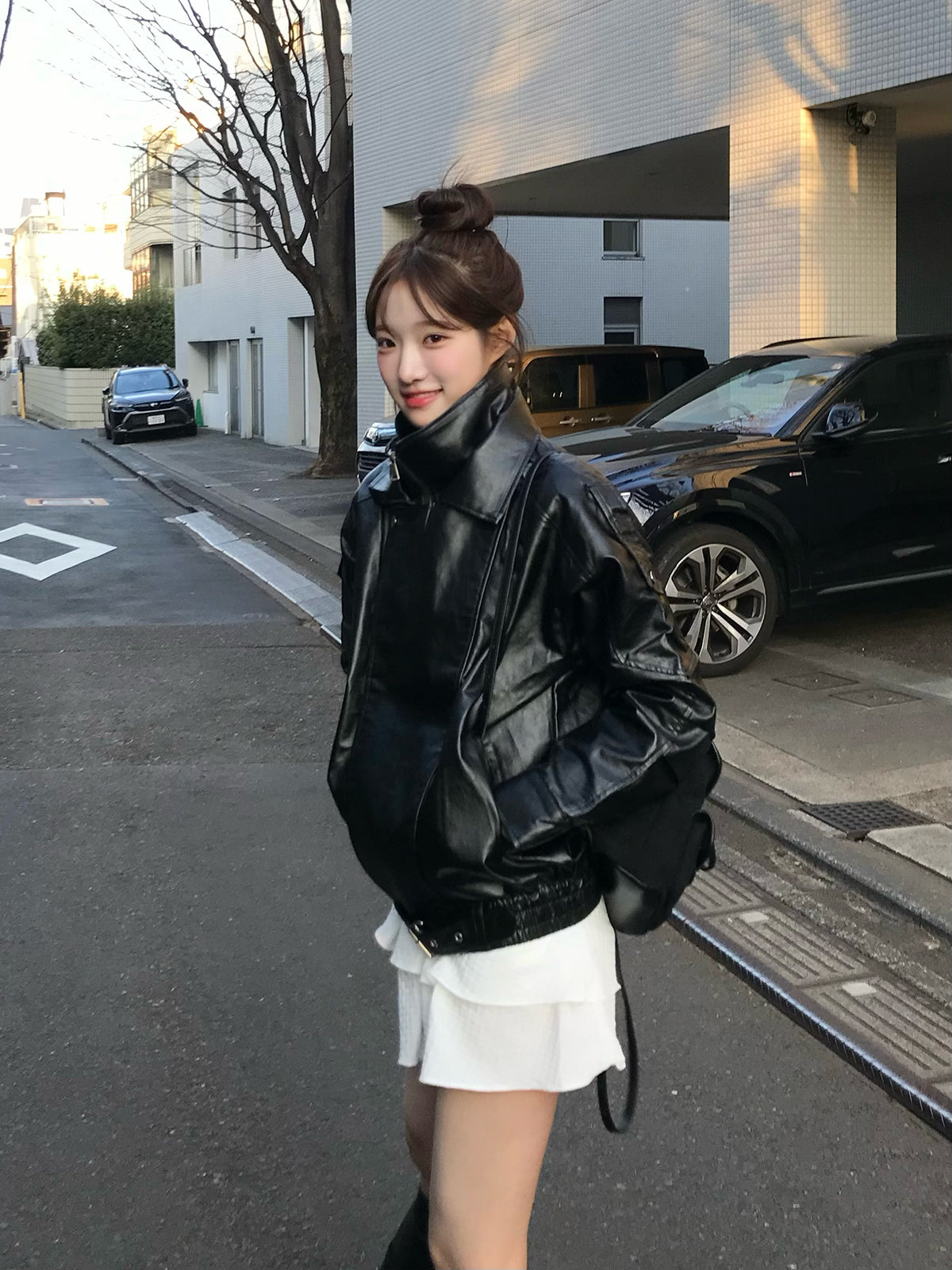 レイヤードカラーレザータッチジャケット