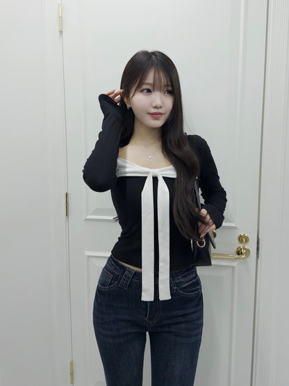 バイカラーリボンカットソー