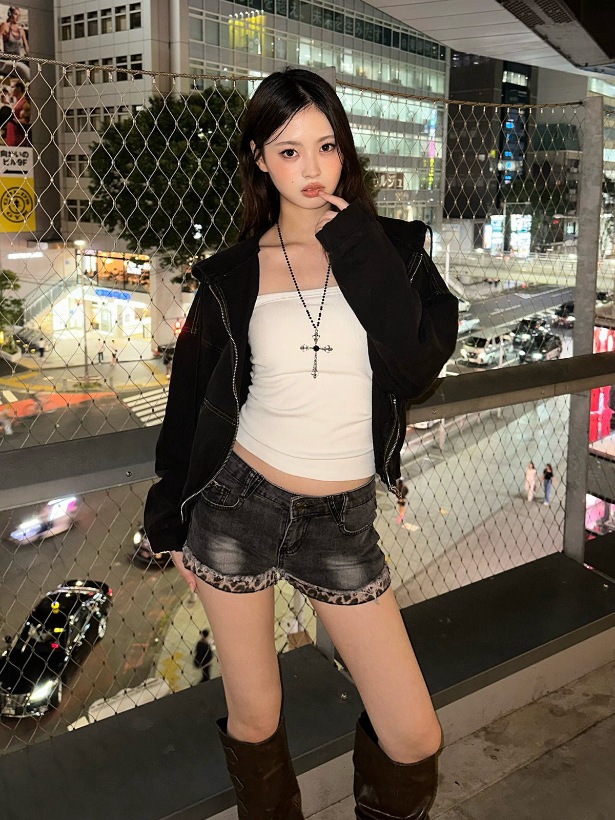 レオパードカフデニムショートパンツ