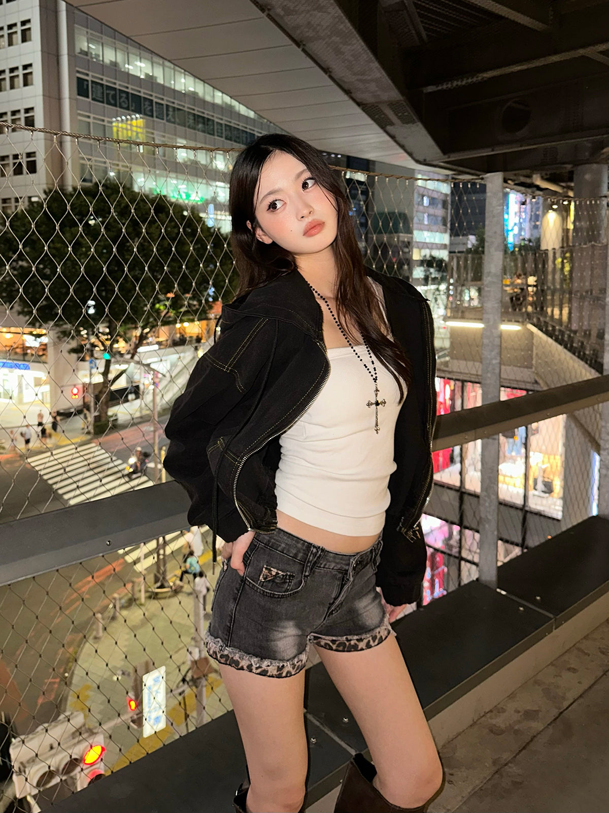 レオパードカフデニムショートパンツ