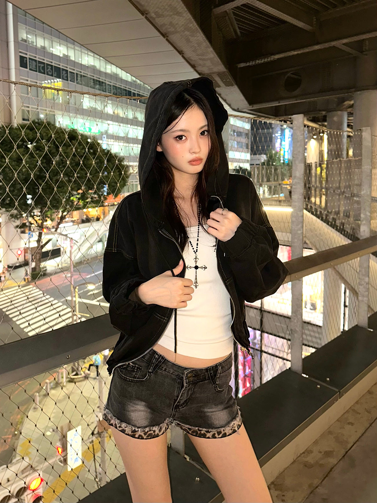 レオパードカフデニムショートパンツ