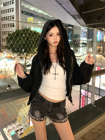 レオパードカフデニムショートパンツ