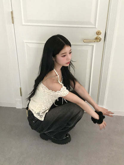 ホルターフラワーレースカットソー