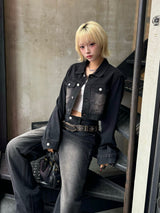 Cropped jacket denim set - black