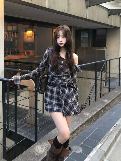 ワンショルチェックミニワンピース