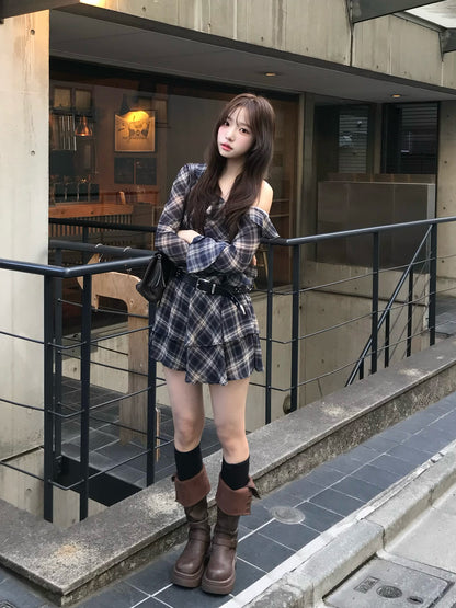 ワンショルチェックミニワンピース