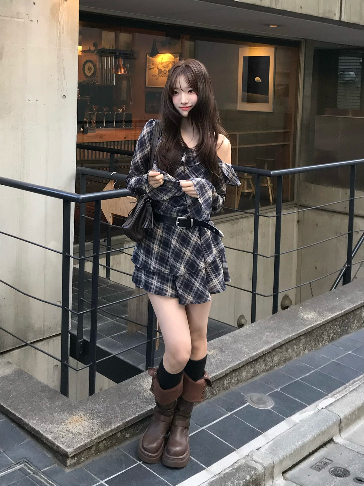 ワンショルチェックミニワンピース