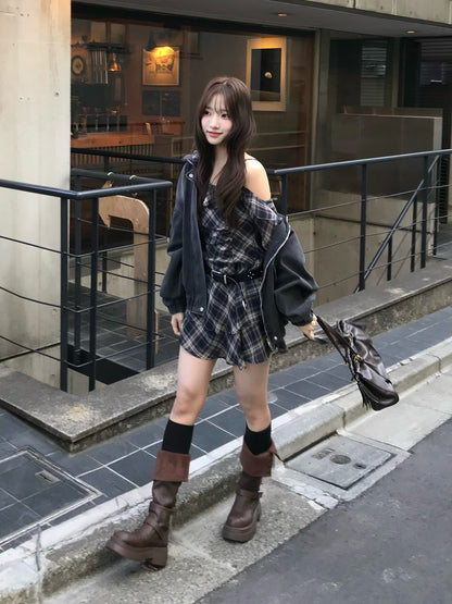 ワンショルチェックミニワンピース