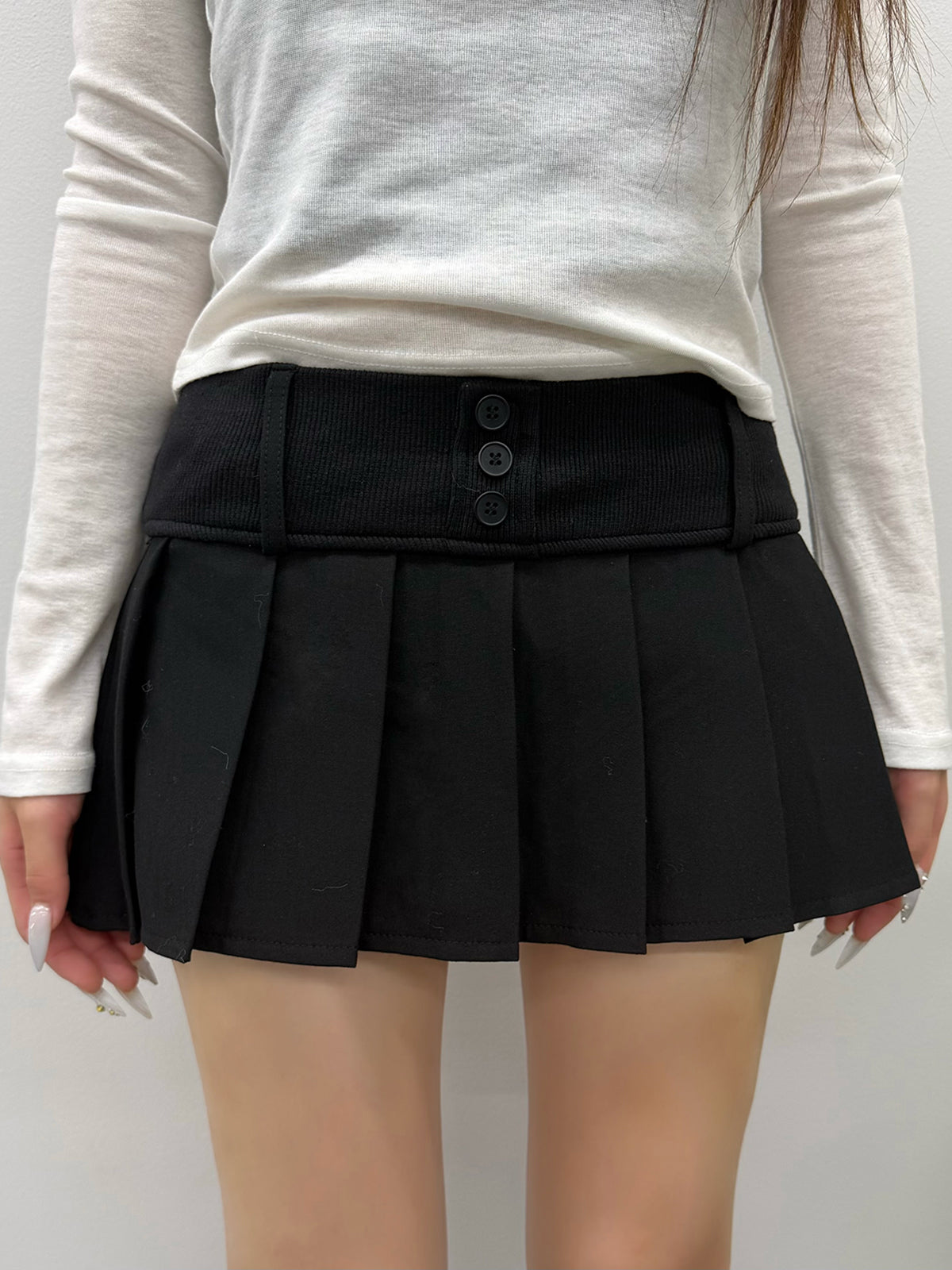 リブプリーツボタンミニスカート