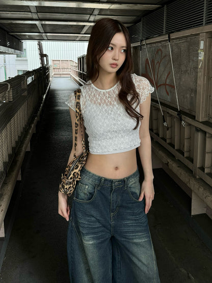 크롭 시스루 레이스 컷소
