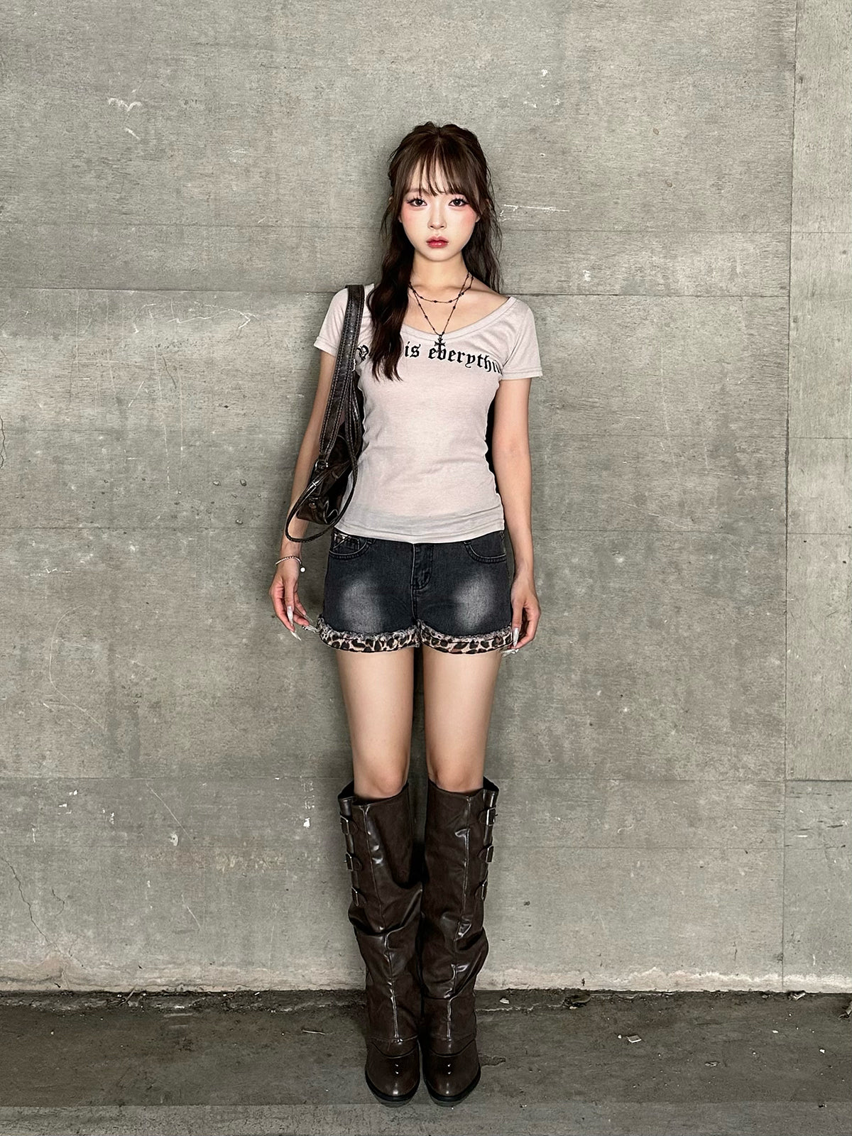 レオパードカフデニムショートパンツ