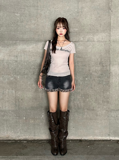 レオパードカフデニムショートパンツ