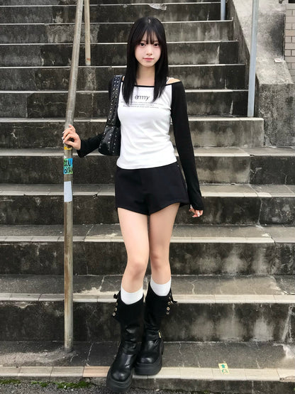 高腰双排扣短裤