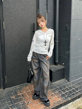 ダーティーウォッシュタックデニムパンツ - ブラック