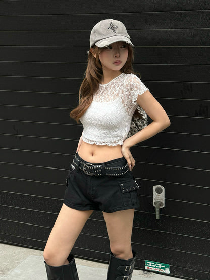 크롭 시스루 레이스 컷소