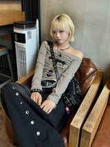 クロスカットダメージカットソー - カーキ