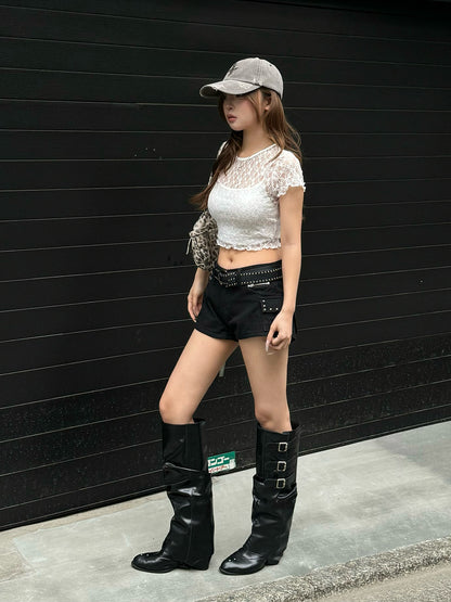 크롭 시스루 레이스 컷소