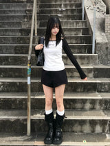 高腰双排扣短裤 - 黑色