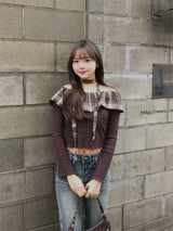 2/20★Thai Set Off-Shoulder Ruffle Check Cut and Sew - Brown