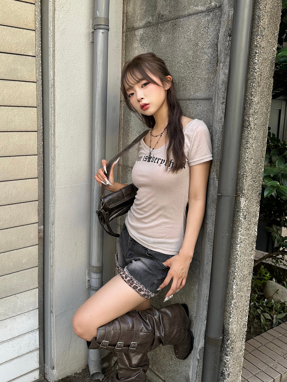 レオパードカフデニムショートパンツ