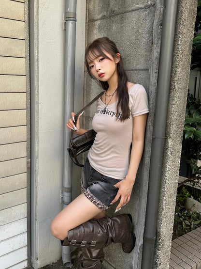 レオパードカフデニムショートパンツ