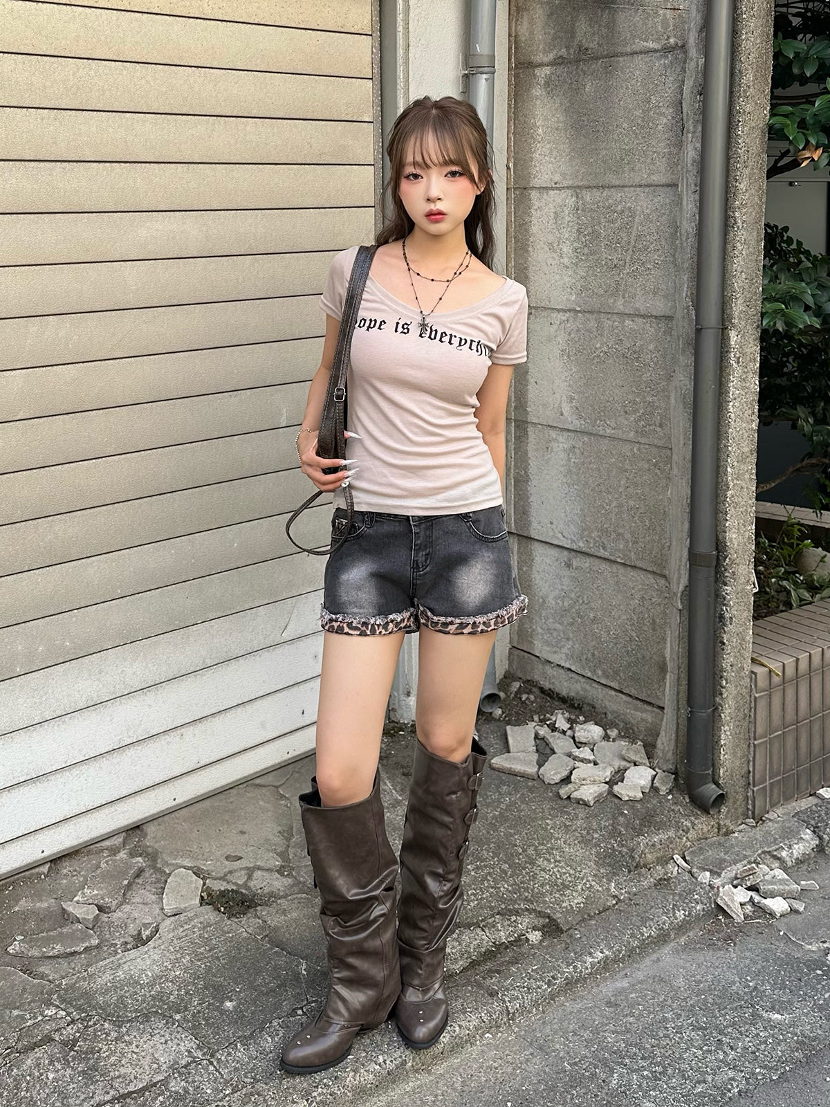 レオパードカフデニムショートパンツ