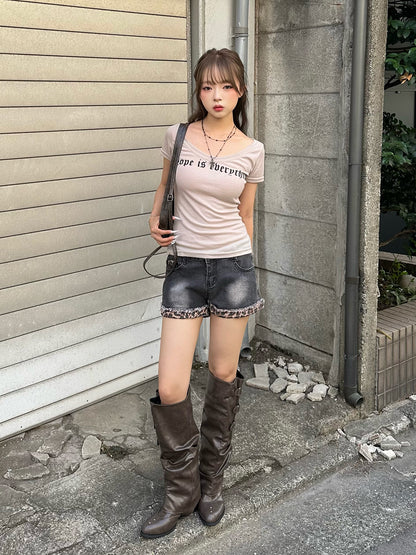 レオパードカフデニムショートパンツ