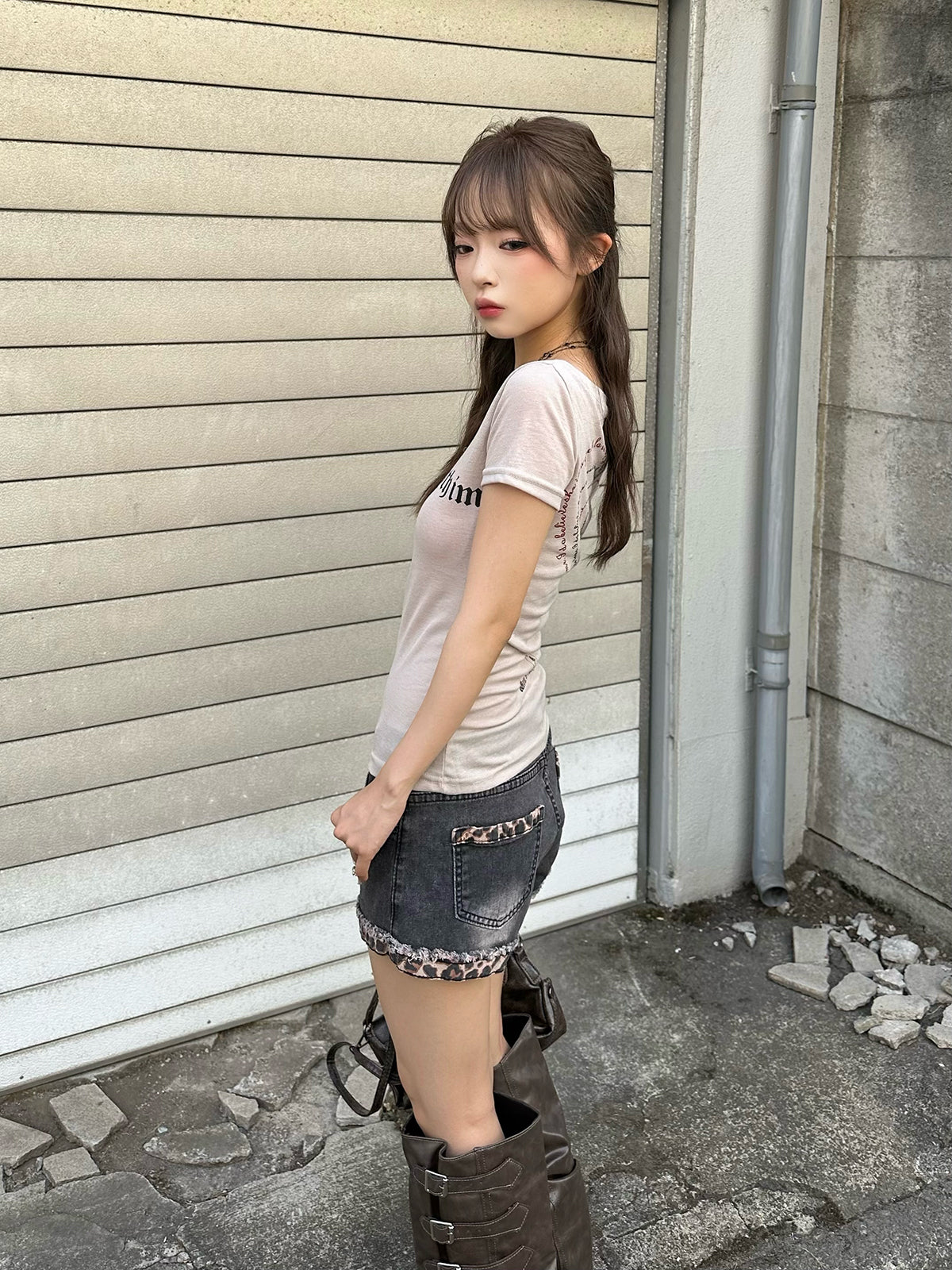 レオパードカフデニムショートパンツ