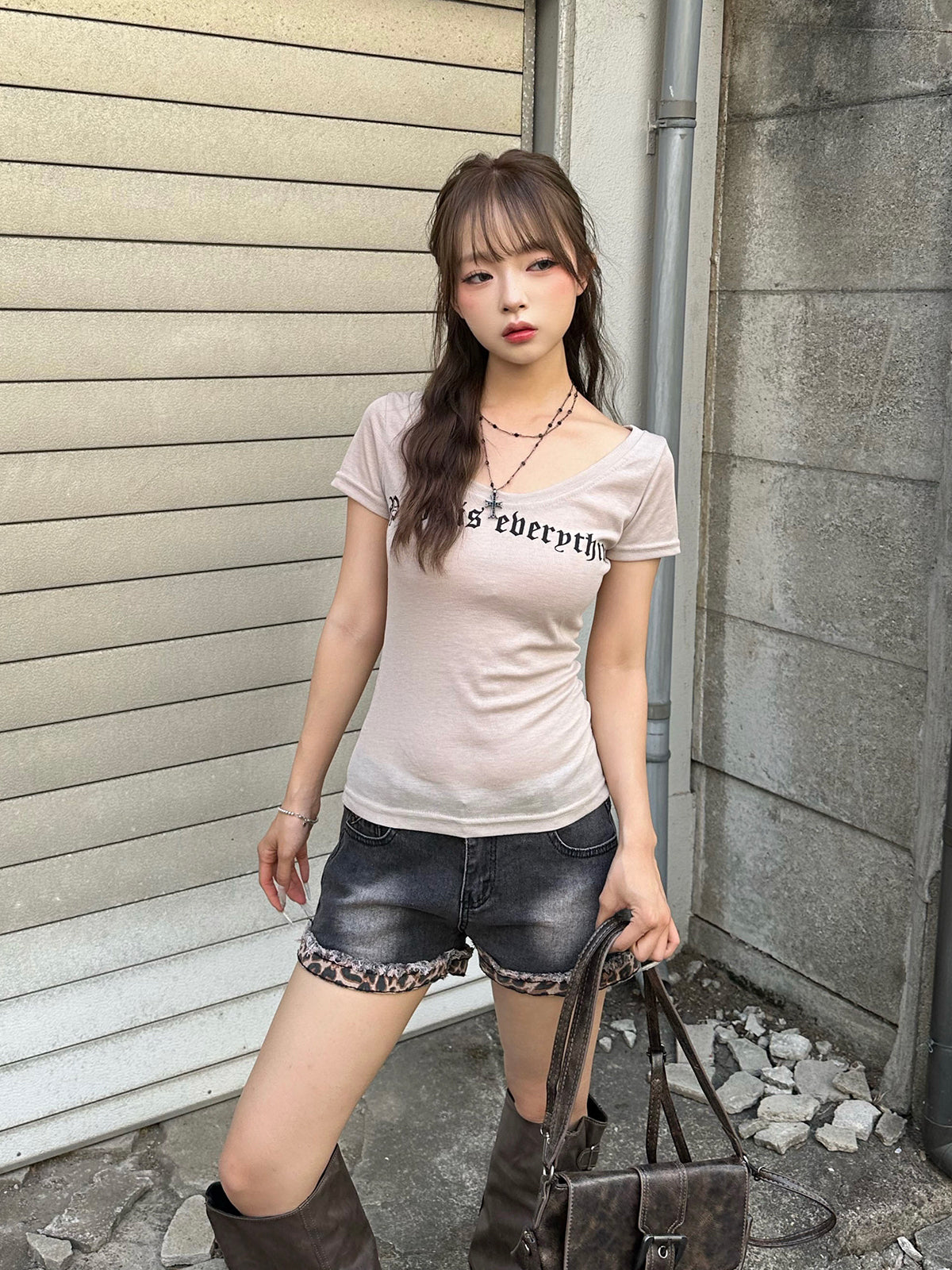 レオパードカフデニムショートパンツ