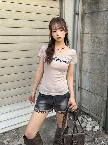 レオパードカフデニムショートパンツ